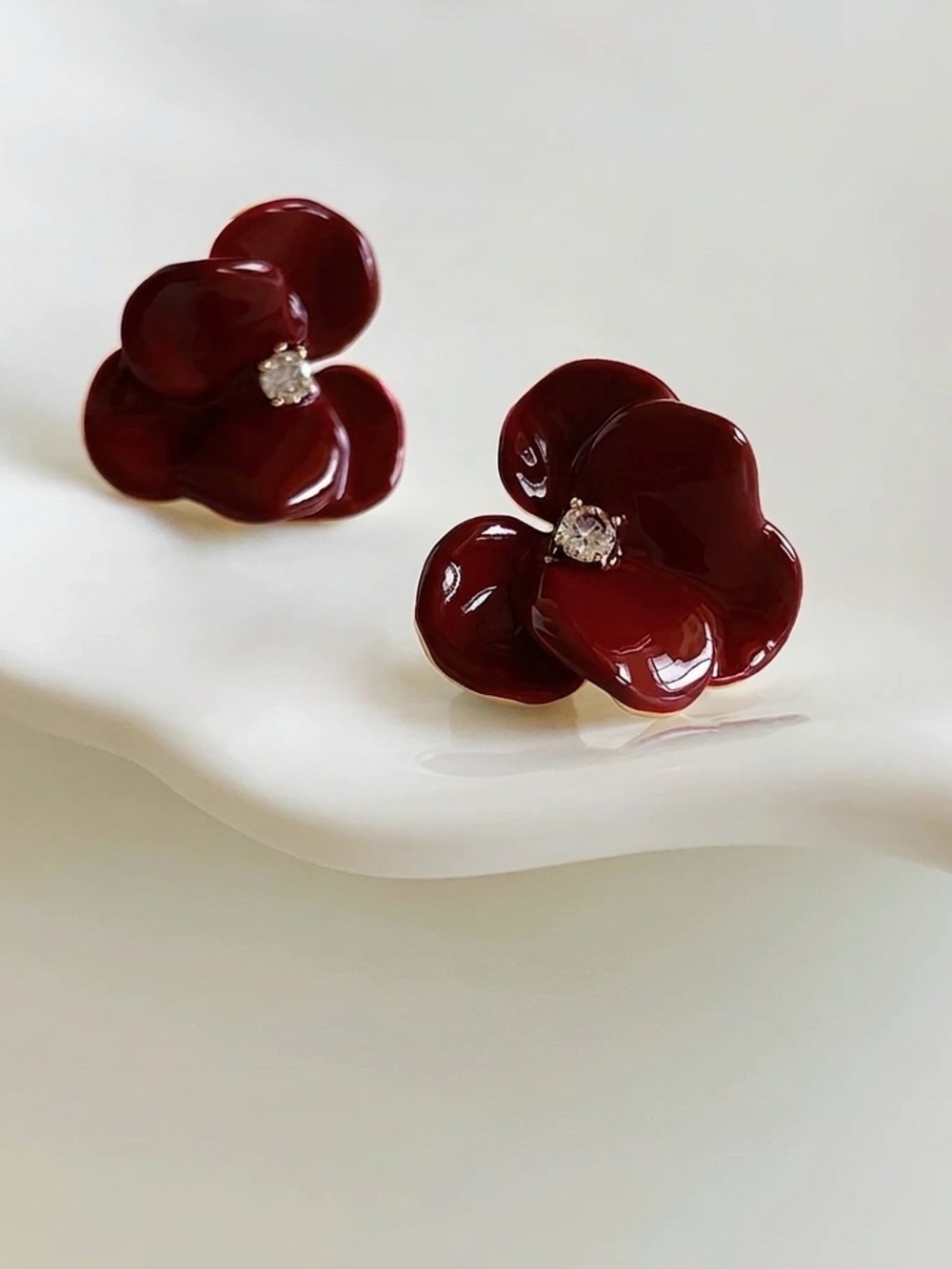 NEW Deep Wine Red Enamel Flower Studs | French Retro Elegance | S925 Posts